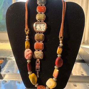 ladies Versales watch & necklace antique, natural polished rocks inlay in copper